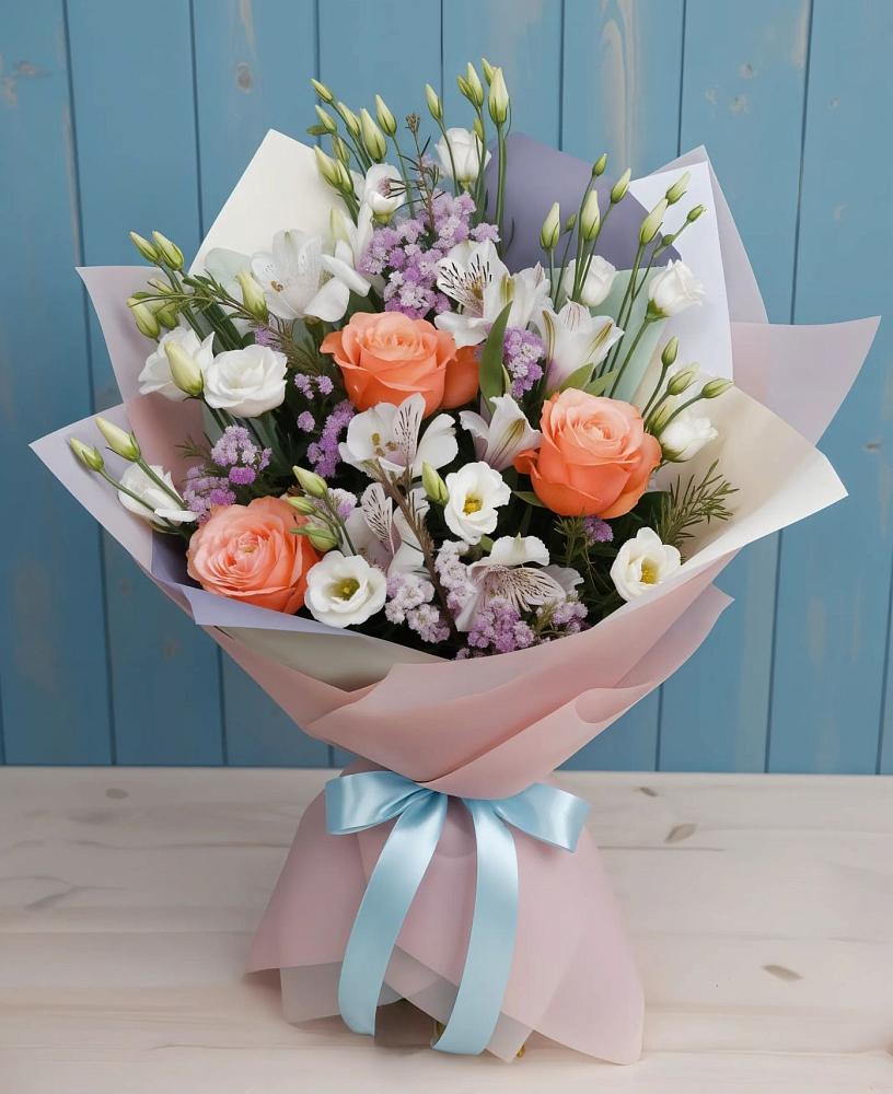 Букет цветов из: Лизиантусы, Розы, Альстромерии и Гипсофила в Большегривском