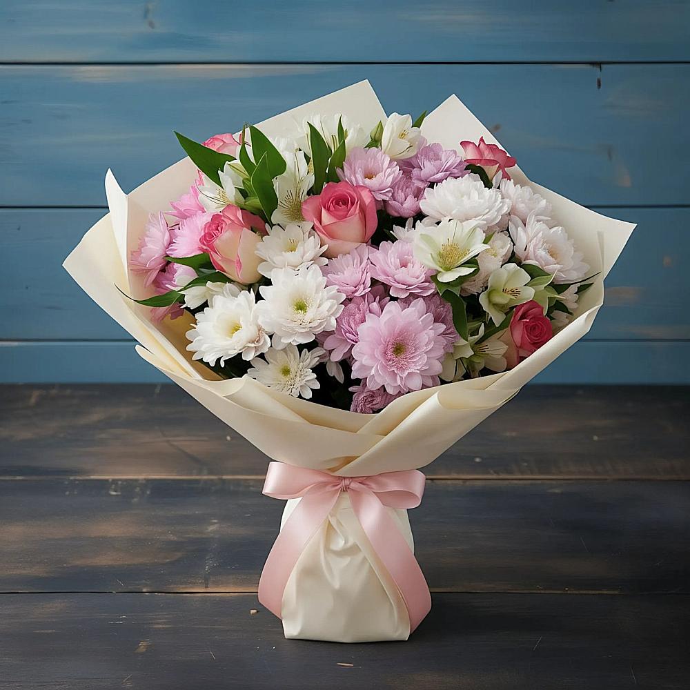 Букет цветов из: Хризантемы, Альстромерии и Розы в Большегривском